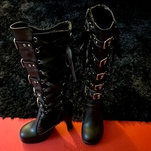 Demonia boots size 8 only worn once! black with buckles lace and ribbon.